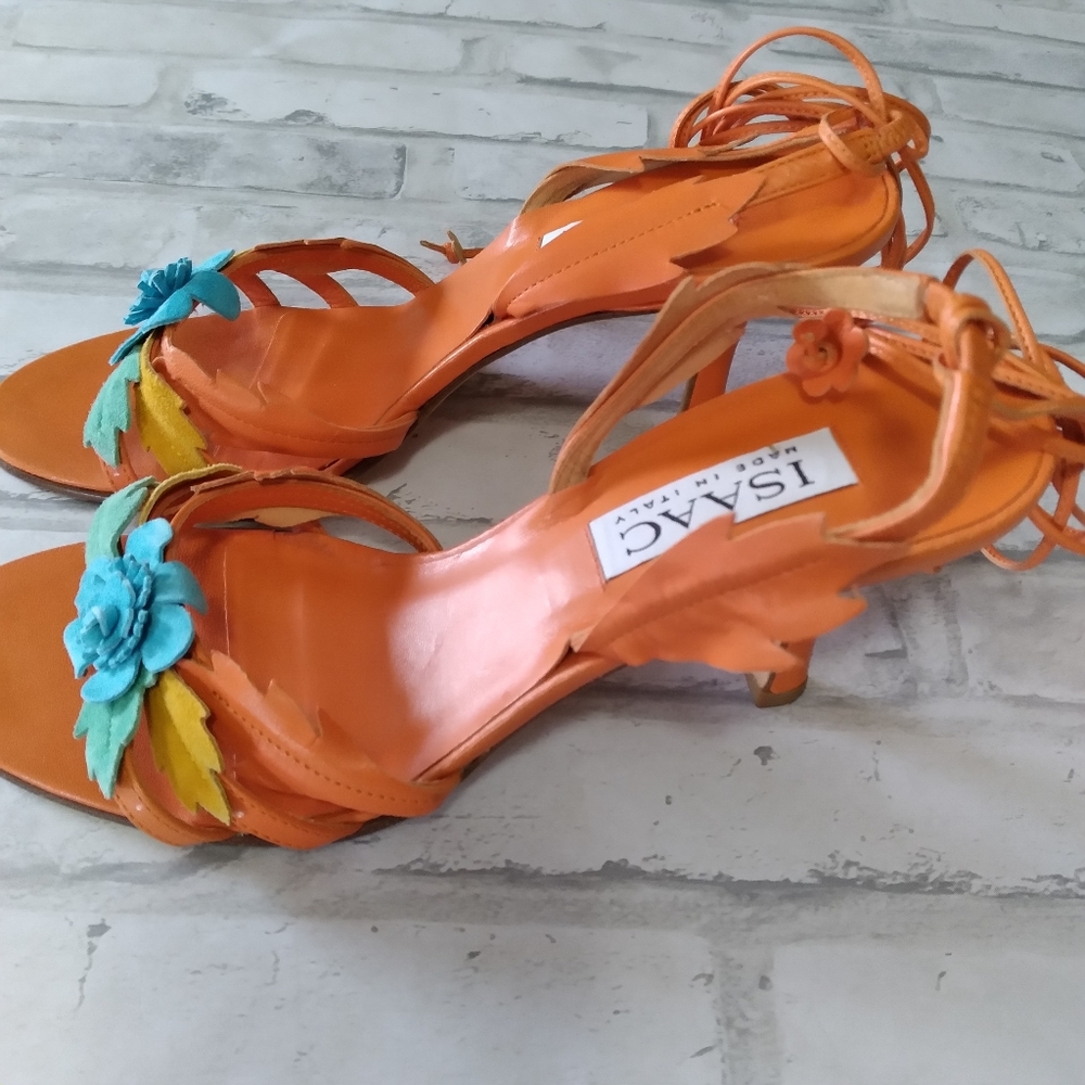 ISAAC Floral Orange Leather Sandals - Picture 2 of 7
